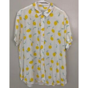Cotton & Co Button Down Shirt Mens XL White Yellow Lemon Print Viscose Tropical